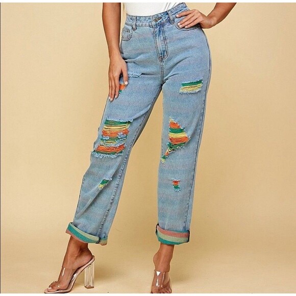 Shop Michella Women High Waisted Distressed Colorful Light Wash Denim Jeans Sz L - Picture 1 of 16